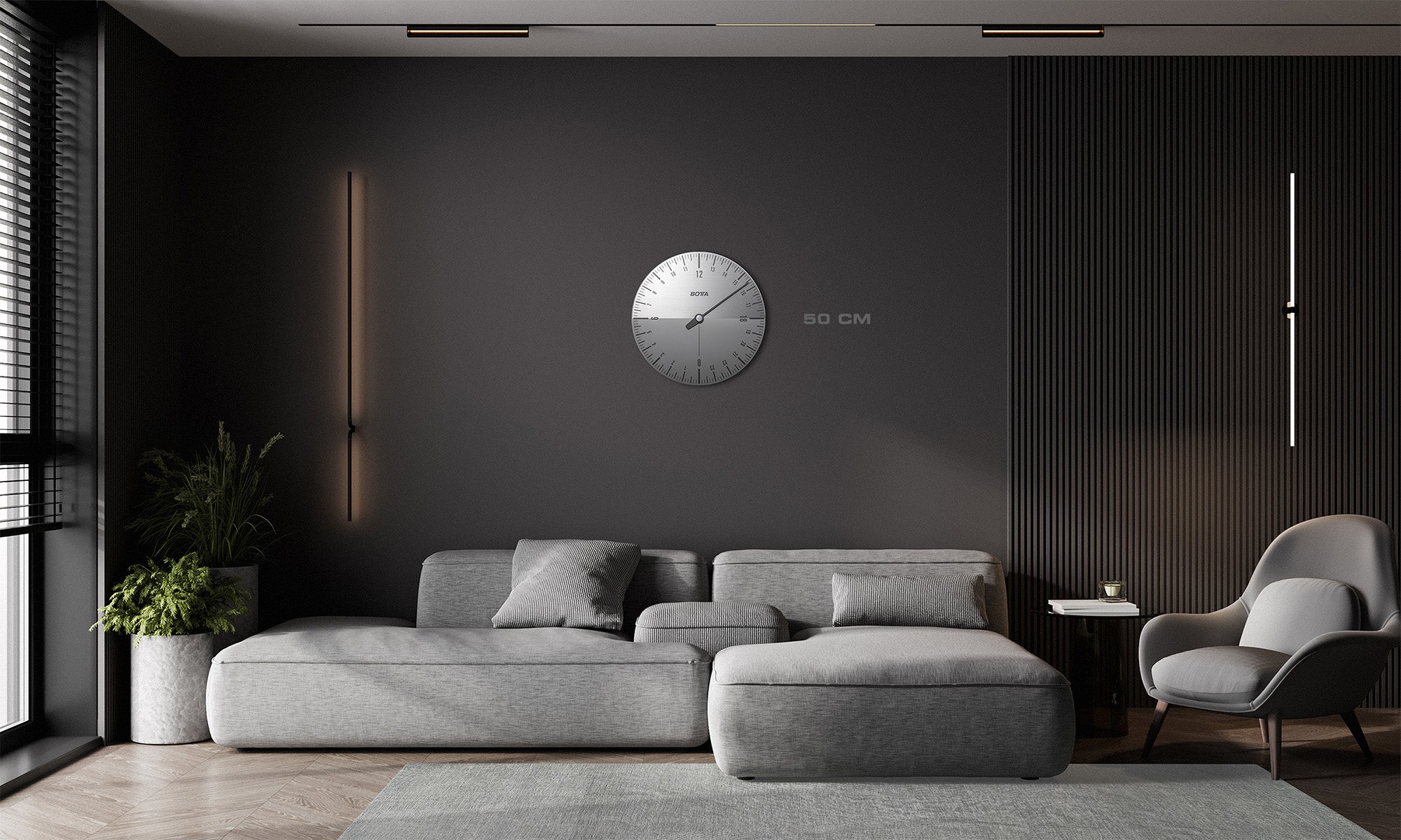 Die 50 cm große UNO 24 Wanduhr präsentiert ihr puristisches Zifferblatt aus massivem Aluminium mit 24-Stunden-Skala. Ein einziger Zeiger umrundet das Zifferblatt in 24 Stunden und stellt den Tagesrhythmus synchron zur Sonne dar – eine Designuhr, die Zeit bewusst neu interpretiert.Wer eine exklusive 24 Stunden Wanduhr kaufen möchte, findet hier ein außergewöhnliches Wohnobjekt.