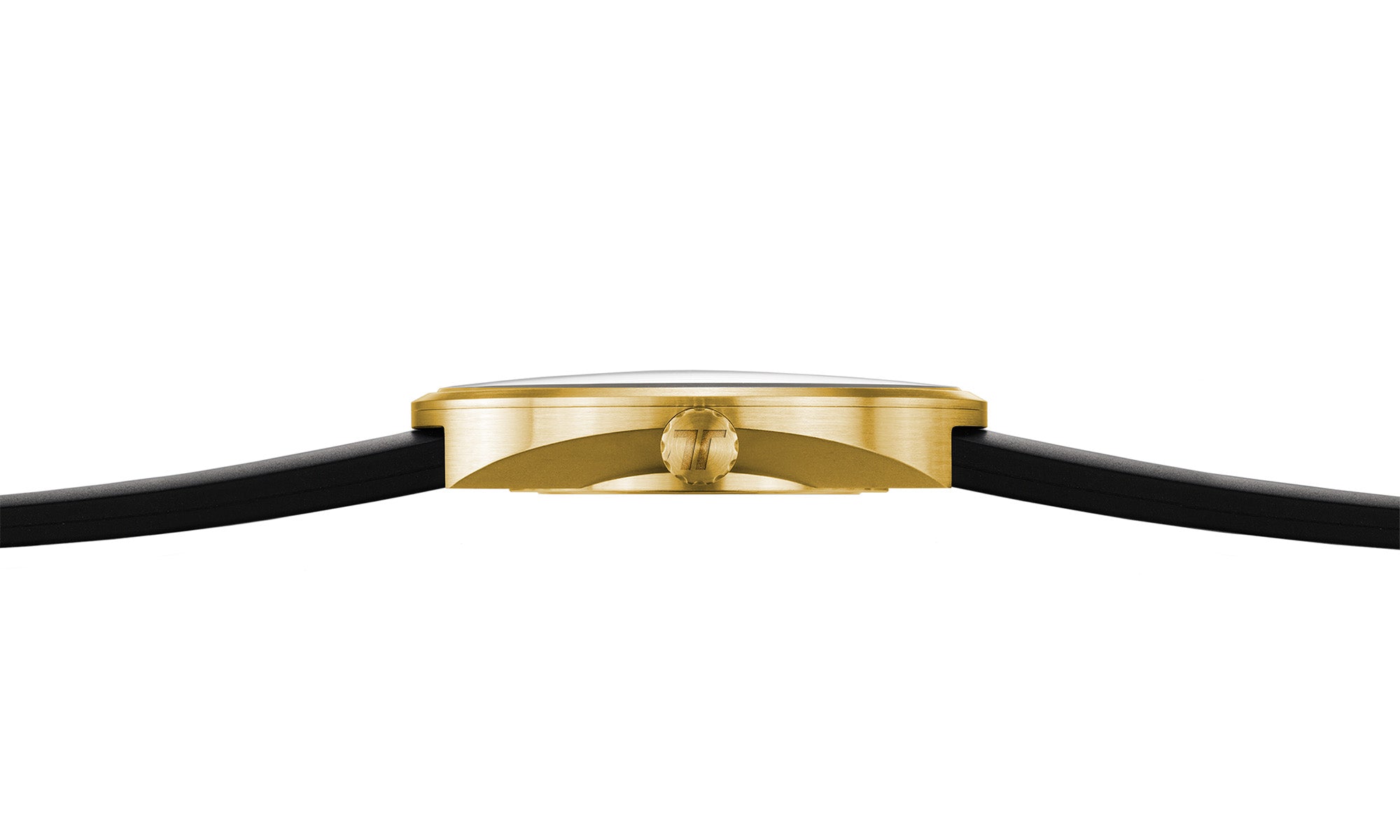 Seitenansicht der BOTTA CLAVIUS Aureus Automatikuhr – eine streng limitierte Designuhr mit 44 mm goldenem Titangehäuse. Im Bild ist das flache, puristische Profil mit der fein gearbeiteten Krone zu sehen, die das BOTTA-Logo trägt. Das schwarze Lederarmband betont den Kontrast zum goldenen Gehäuse. Eine außergewöhnliche Armbanduhr, die Minimalismus und Luxus vereint – jetzt bestellen und diese exklusive Automatikuhr kaufen.